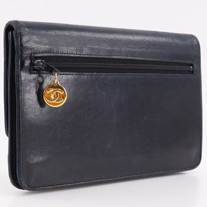 CHANEL Long Wallet Purse lambskin black vintage COCO Mark