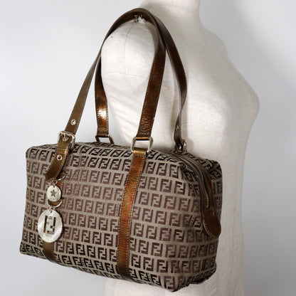 FENDI Shoulder Bag 8BL106-CNL Nylon canvas bronze Mini Boston Zucca Women Used Authentic