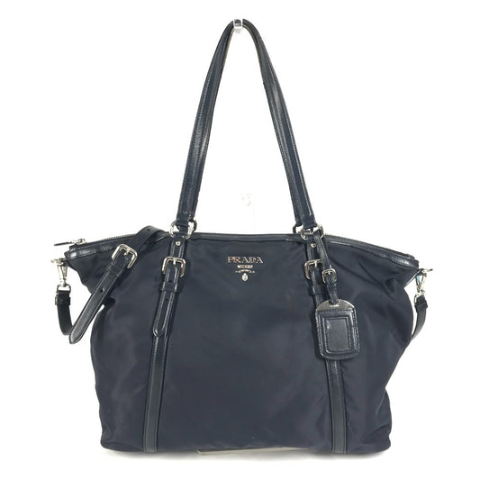 PRADA Shoulder Bag Leather / nylon Navy logo