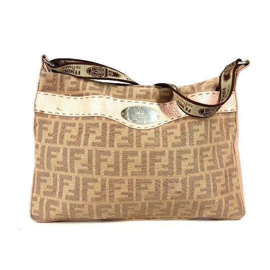 FENDI Shoulder Bag Leather / canvas Pink beige type Selleria logo Zucca