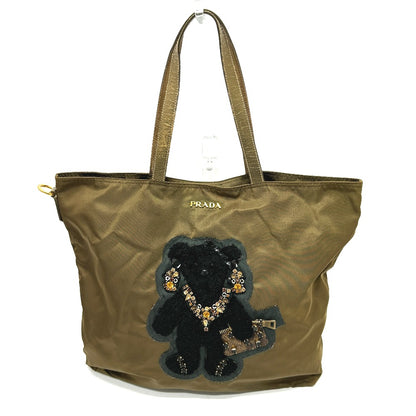 PRADA Tote Bag Nylon, Leather Brown type Bear Stone
