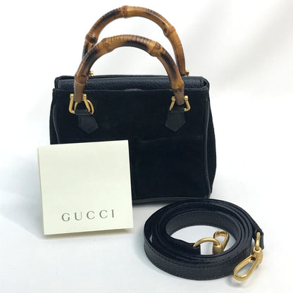 GUCCI Shoulder Bag Suede / leather Black x brown Pochette Bamboo