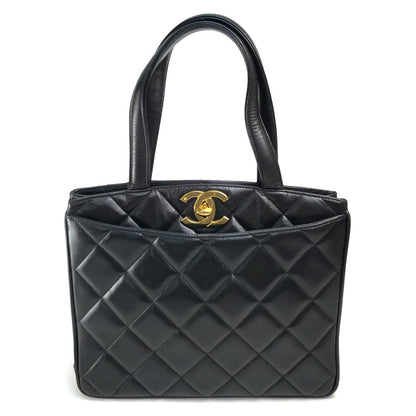 CHANEL Tote Bag lambskin Black x Gold Metal CC COCO Mark Matrasse quilting