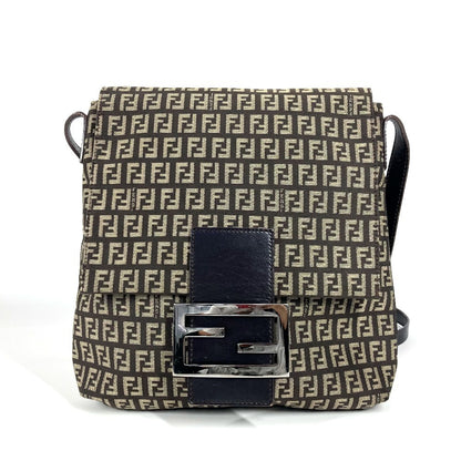 FENDI Shoulder Bag Leather / canvas Brown Zucchino FF logo