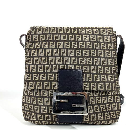 FENDI Shoulder Bag Leather / canvas Brown Zucchino FF logo
