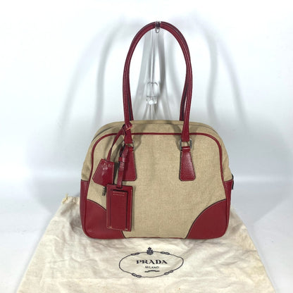 PRADA Shoulder Bag Leather / canvas beige By color Triangle logo plate