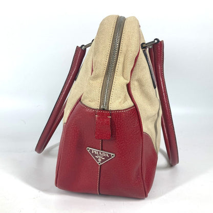 PRADA Shoulder Bag Leather / canvas beige By color Triangle logo plate