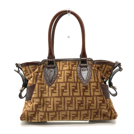 FENDI Handbag Leather / suede Brown ZUCCA FFPattern logo Etnico Women Used Authentic
