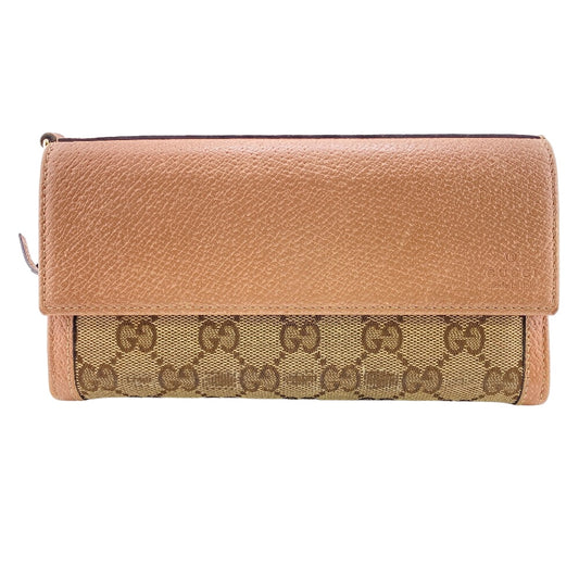GUCCI Long Wallet Purse 323396 Canvas, Leather beige GG canvas Zippered Coin Pocket Long Wallet