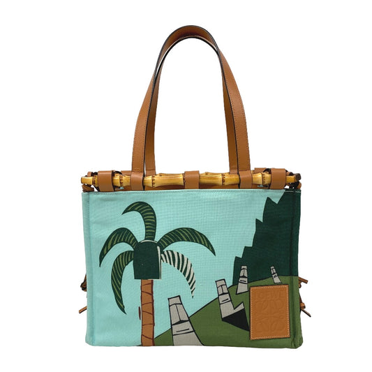 LOEWE Tote Bag Canvas, Leather Light blue Bamboo cushion Women Used Authentic