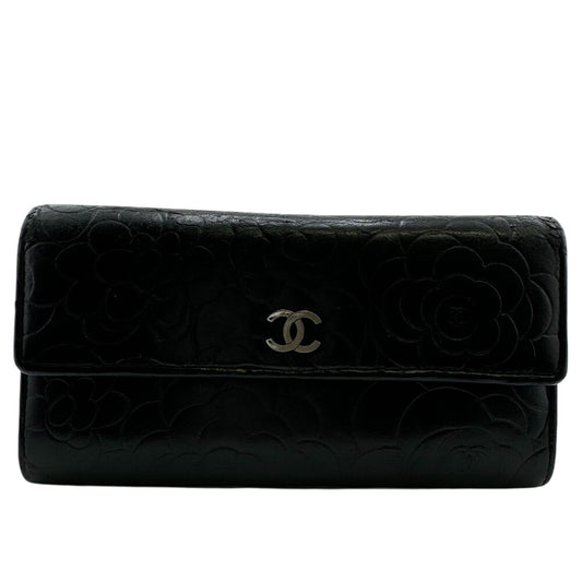 CHANEL Long Wallet Purse A82283 leather black Camelia
