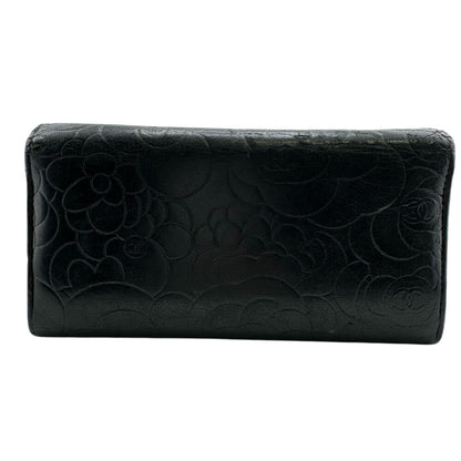 CHANEL Long Wallet Purse A82283 leather black Camelia
