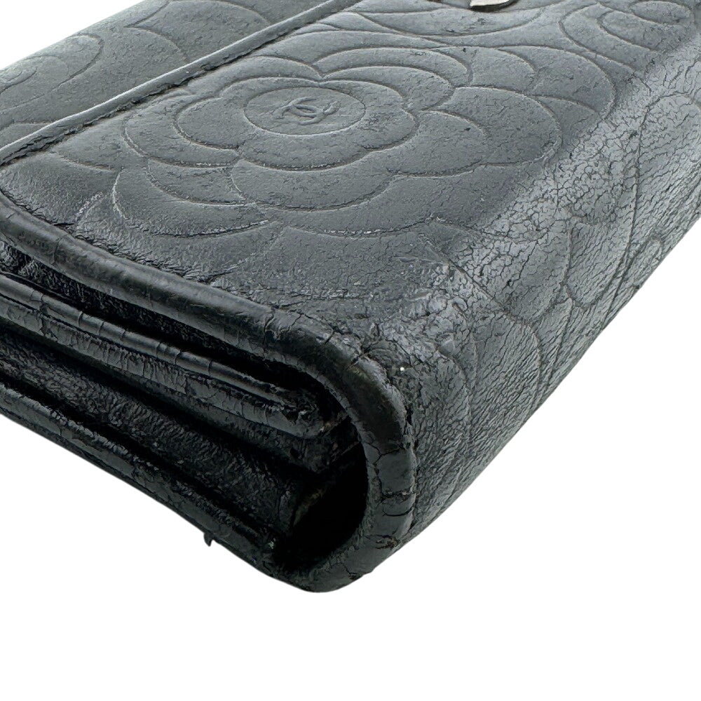 CHANEL Long Wallet Purse A82283 leather black Camelia
