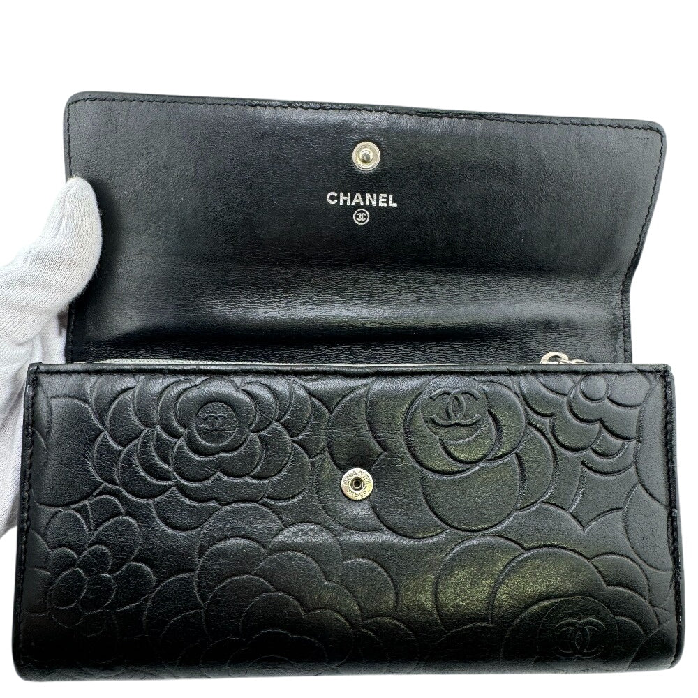 CHANEL Long Wallet Purse A82283 leather black Camelia