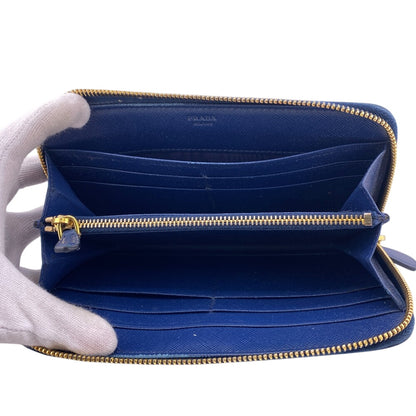 PRADA Long Wallet Purse 1M0506 leather blue Safiano Round zip